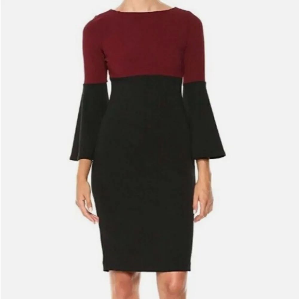 NWT Calvin Klein Sheath Colorblock Dress Rosewood Black Bell Sleeve Size 6